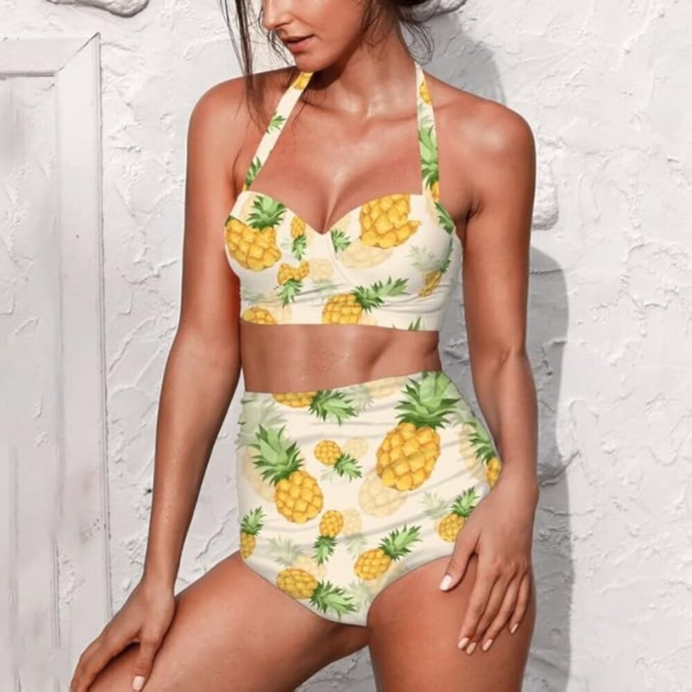 Butterfly Women's Retro Ruched Ruffle High Waist Bikini Set